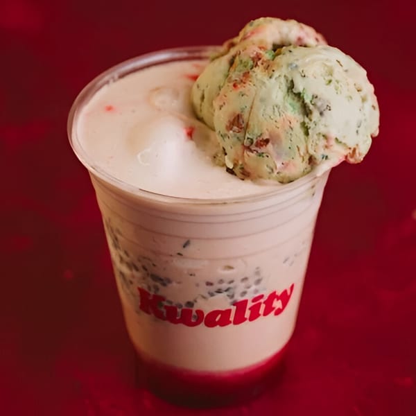 Kwality Norwood Falooda with a scoop of pistachio ice cream and basil seeds.